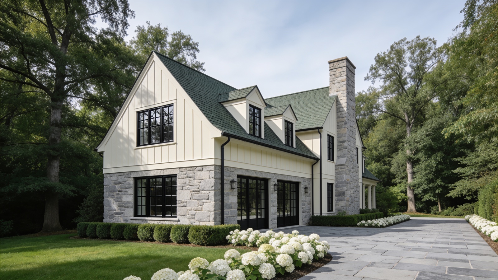 A white board-and-batten and stone home set back among mature hardwoods on a wide Mint Hill-style lot