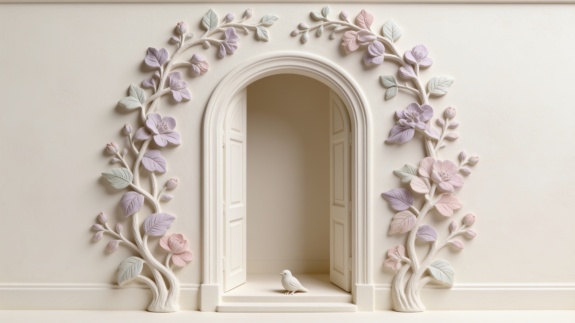 A hand-sculpted plaster relief of an open door with botanicals, in soft cream