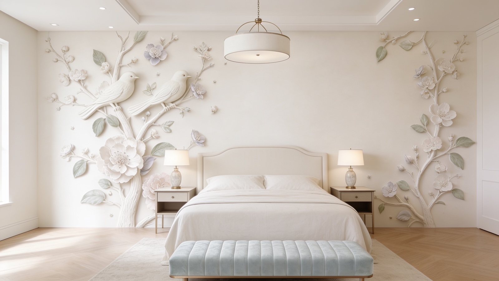 A Charlotte room with a hand-sculpted plaster relief feature wall