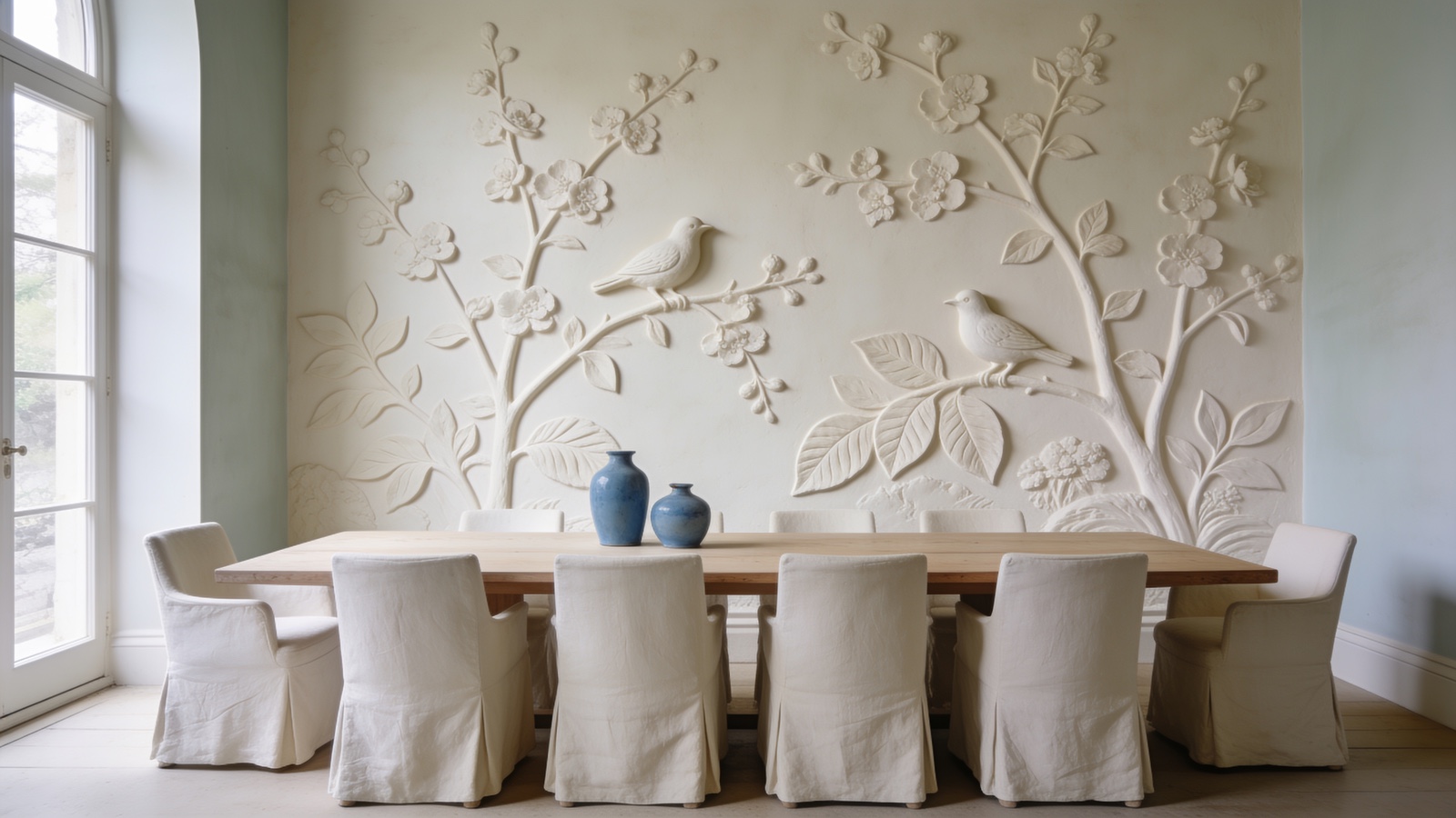 A cream dining wall with soft directional light