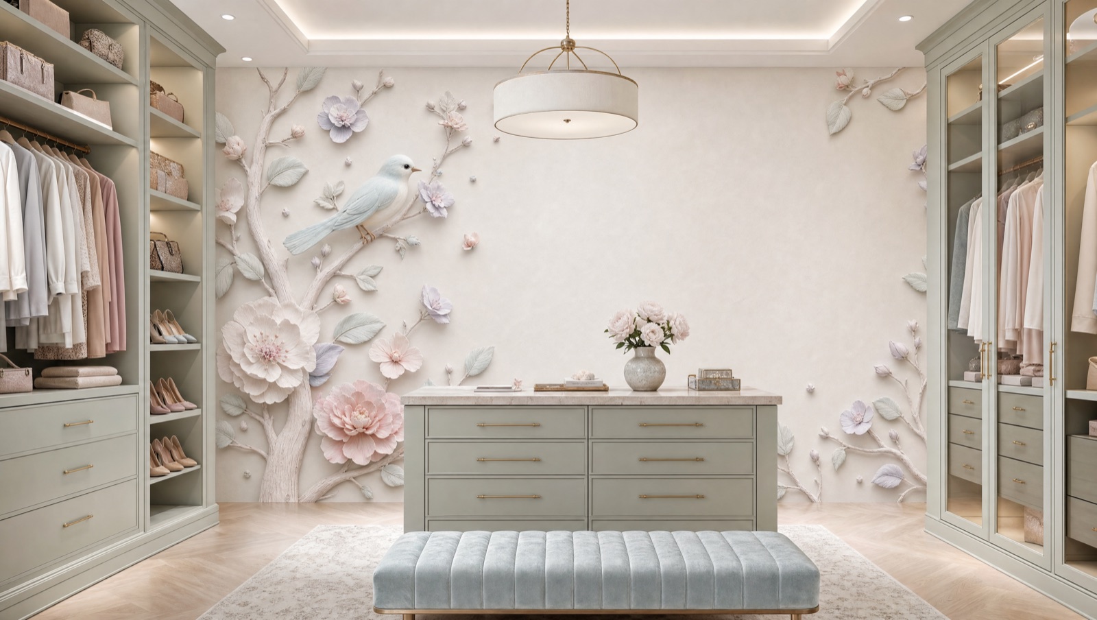 A Charlotte room with a hand-sculpted plaster relief feature wall