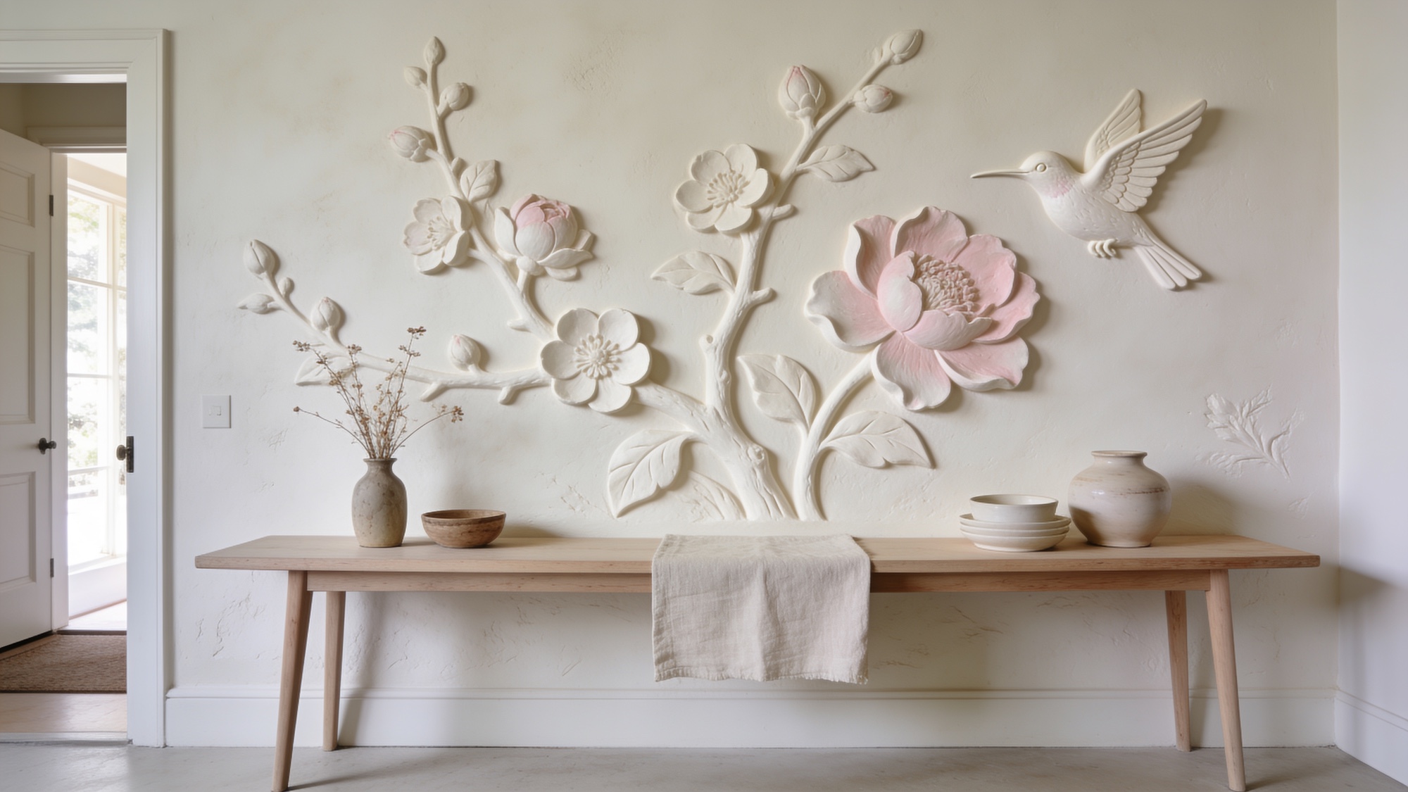 Una entrada en Charlotte con un relieve de yeso en tono rosado