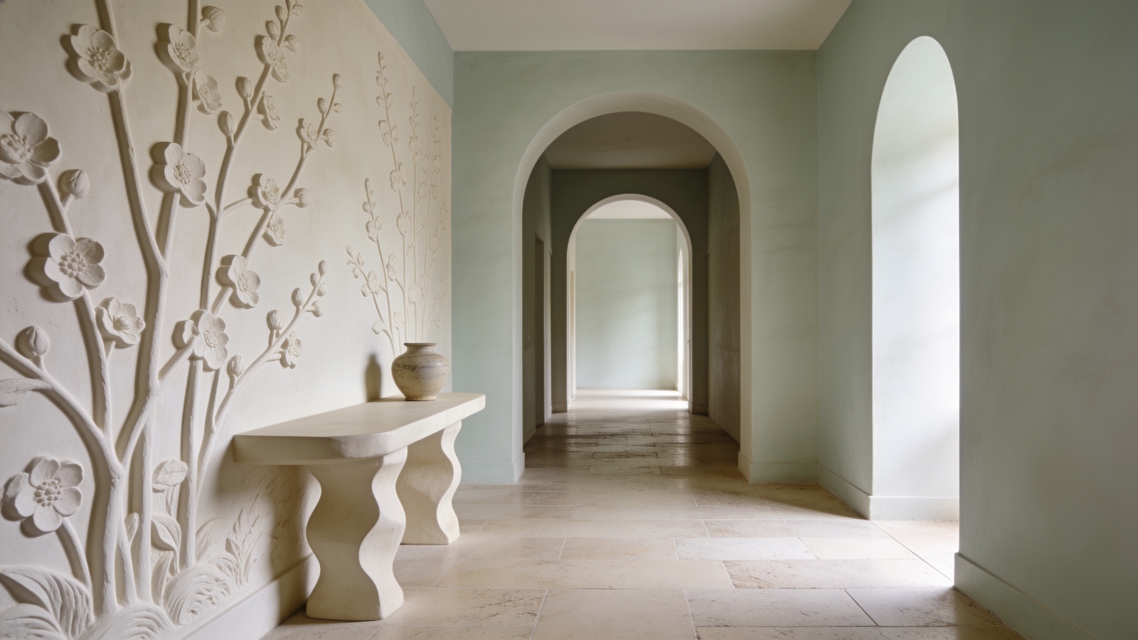 A sage arched hallway in a Charlotte home, morning light down the passage