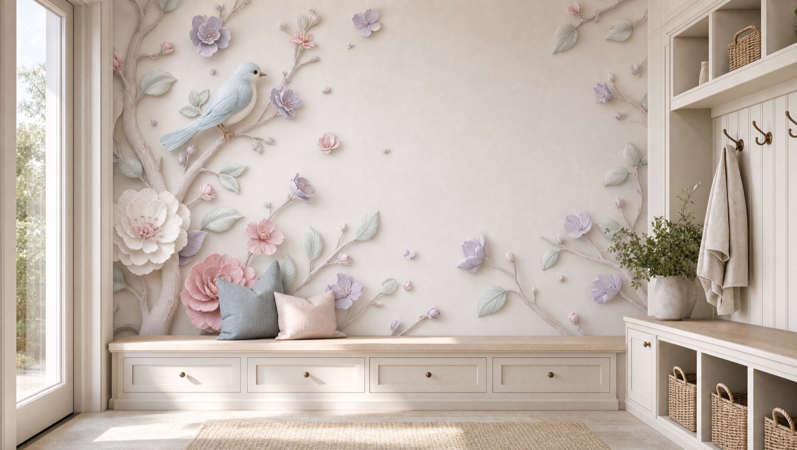 A calm Charlotte mudroom with hooks and a bench