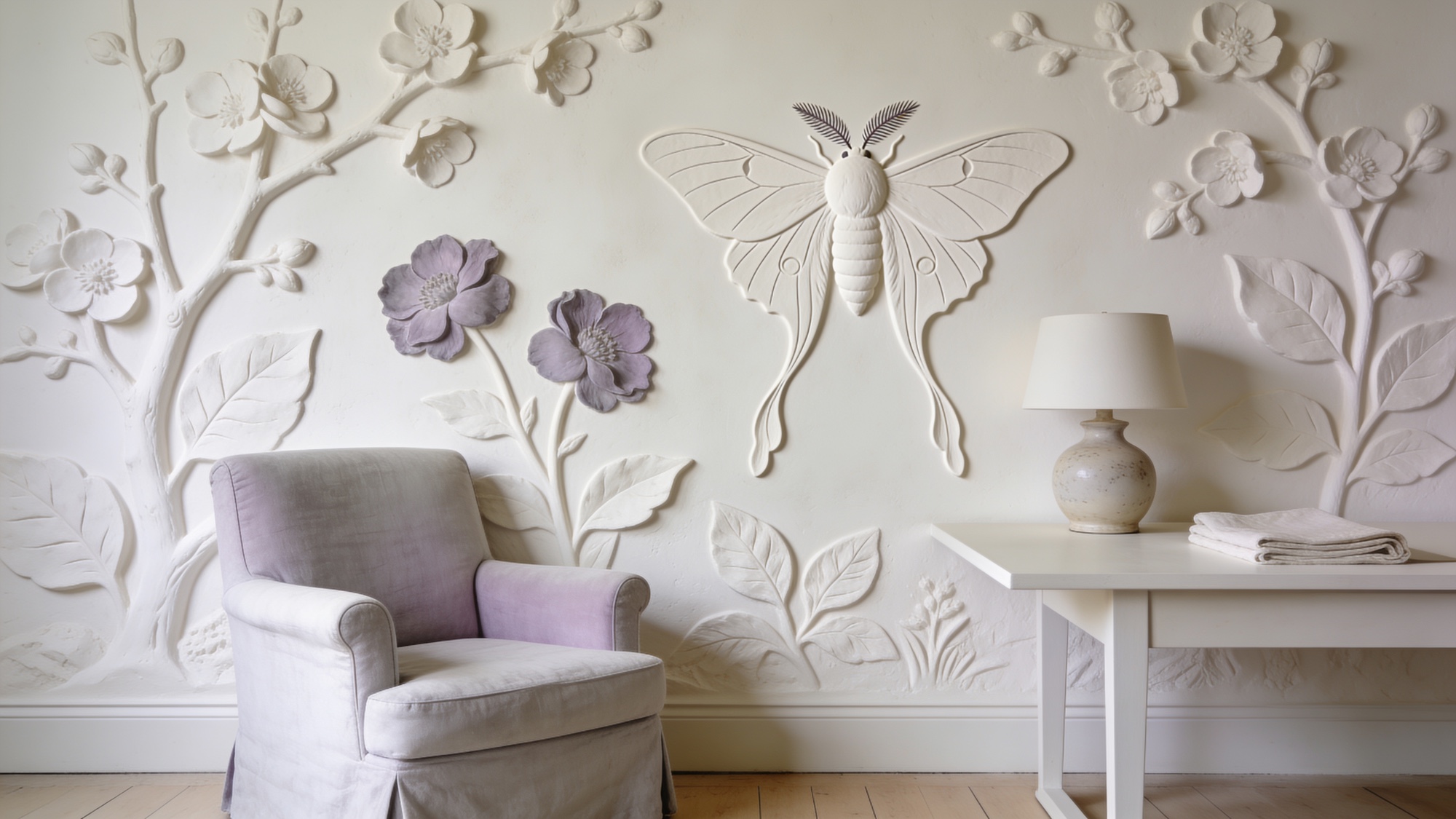 A pale lavender Charlotte office wall with a desk and lamp