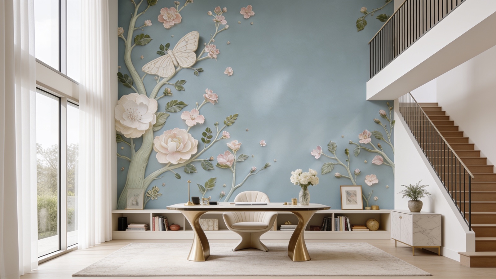A Charlotte room with a hand-sculpted plaster relief feature wall