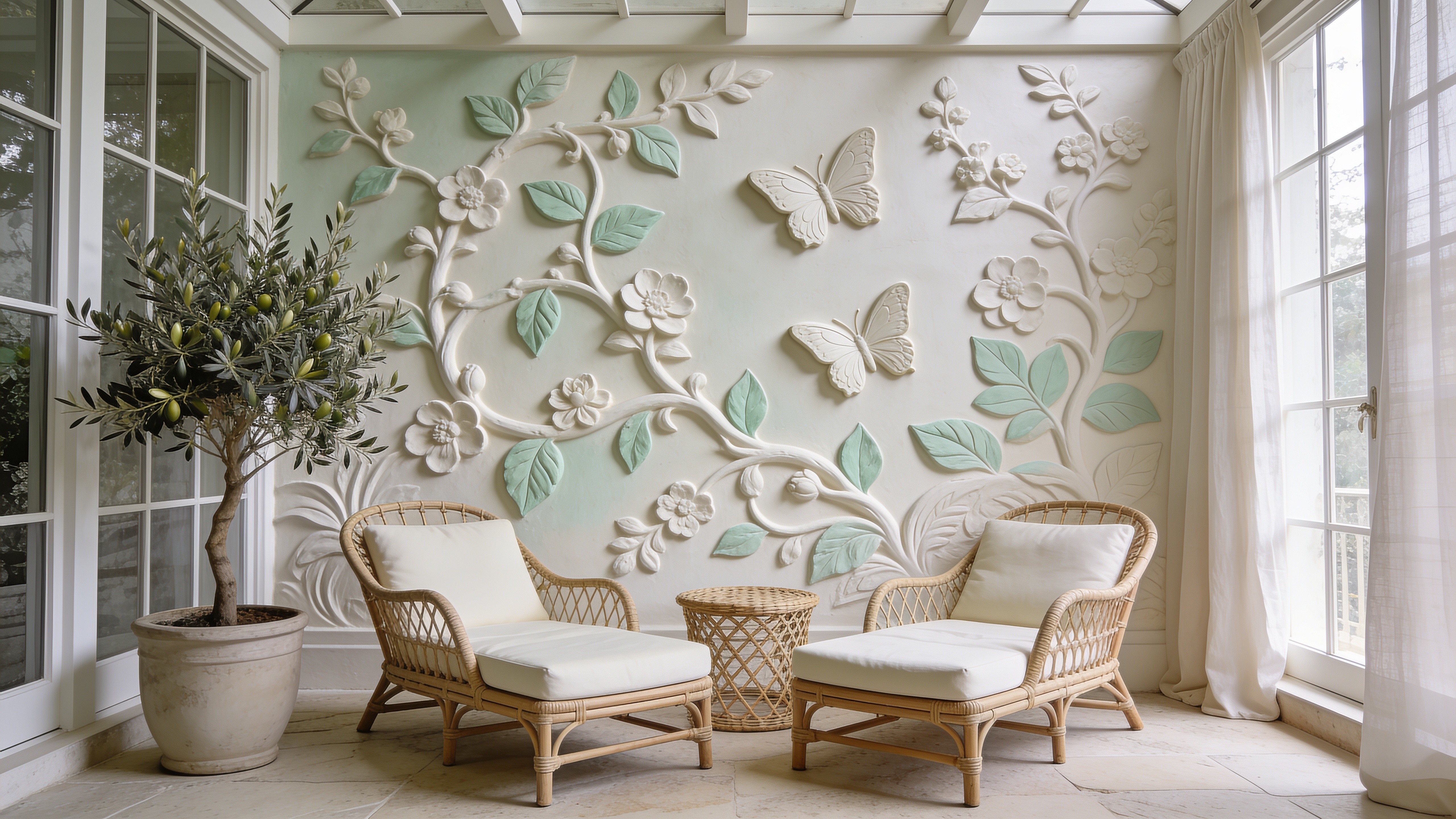 A sage Charlotte sunroom with filtered light
