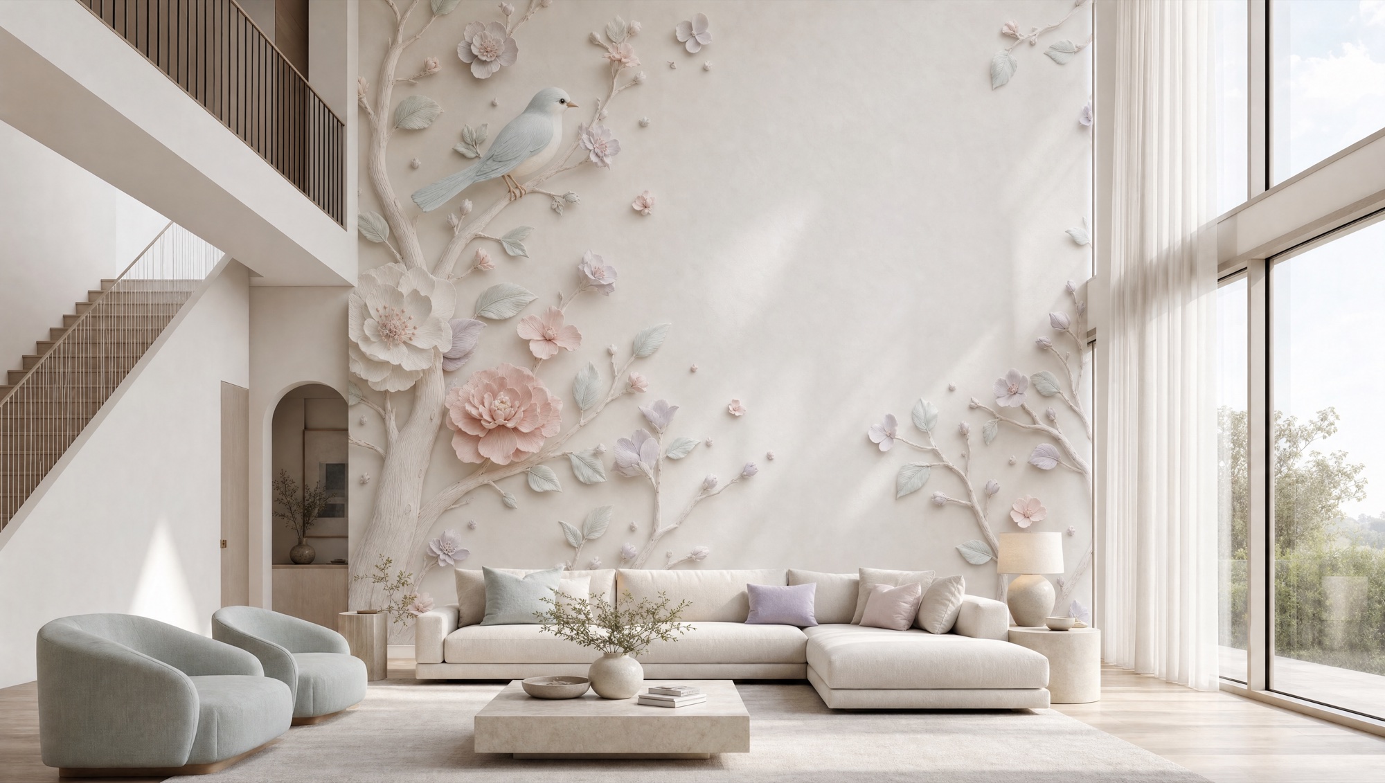 A Charlotte living room with a hand-sculpted plaster relief as the feature wall