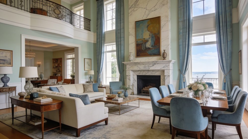 A living room with tall windows and a view towards water, illustrative of the newer lakeside construction