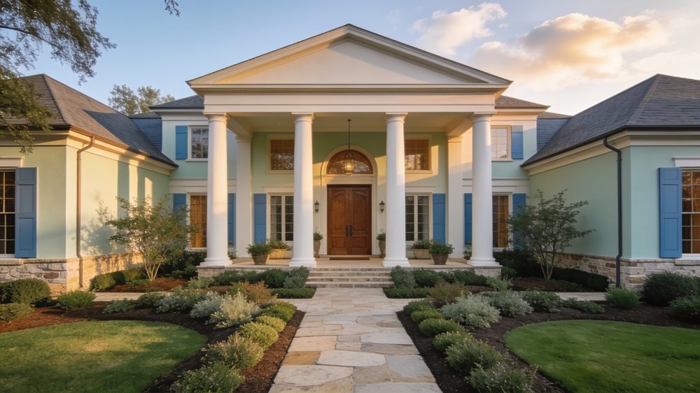 A pale house with a columned porch at dusk, illustrative of the larger resale homes in south Charlotte