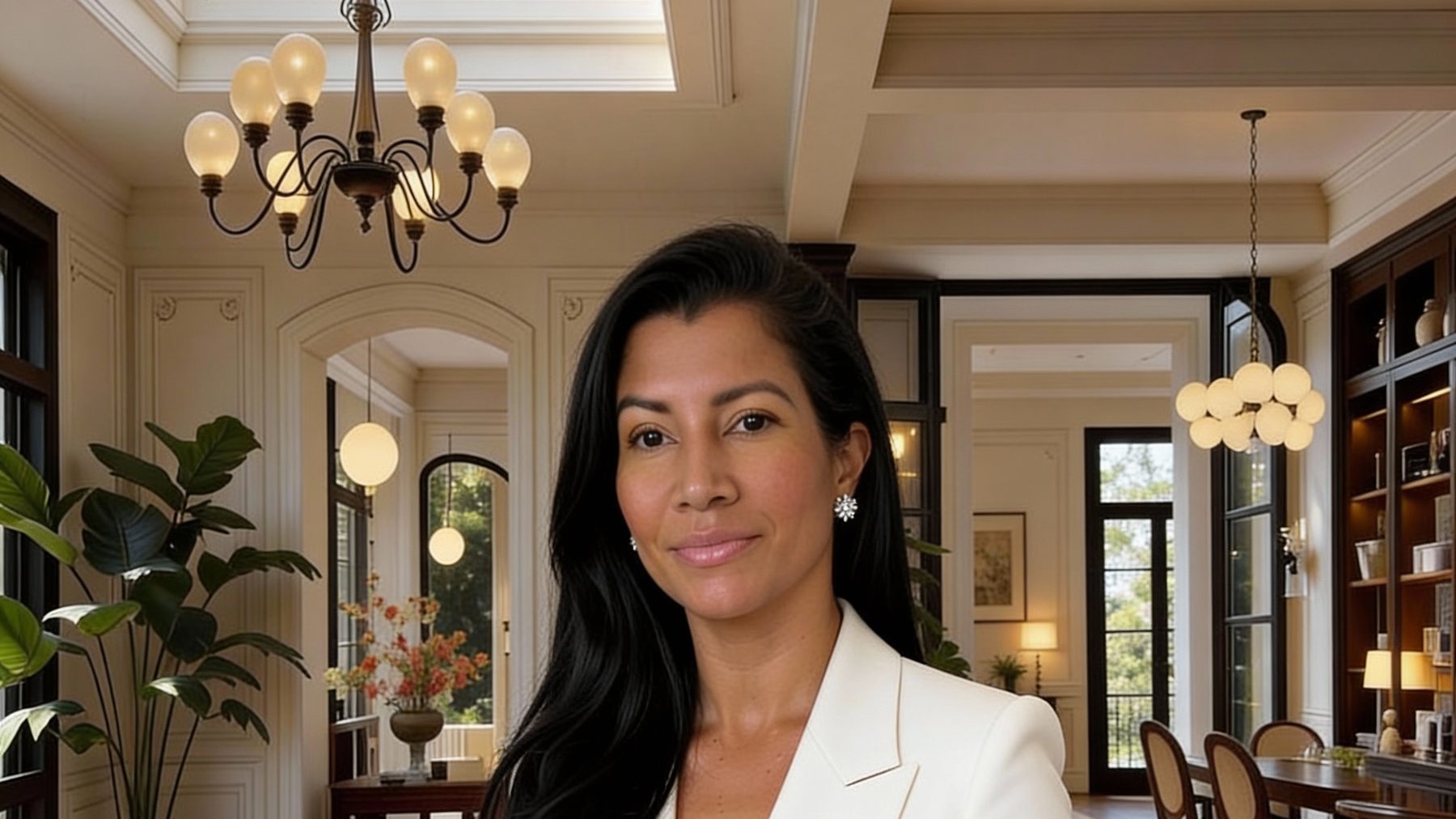 Eridania M. Bonilla in a sunlit great room with a skylight and chandelier — styled set, not a listing