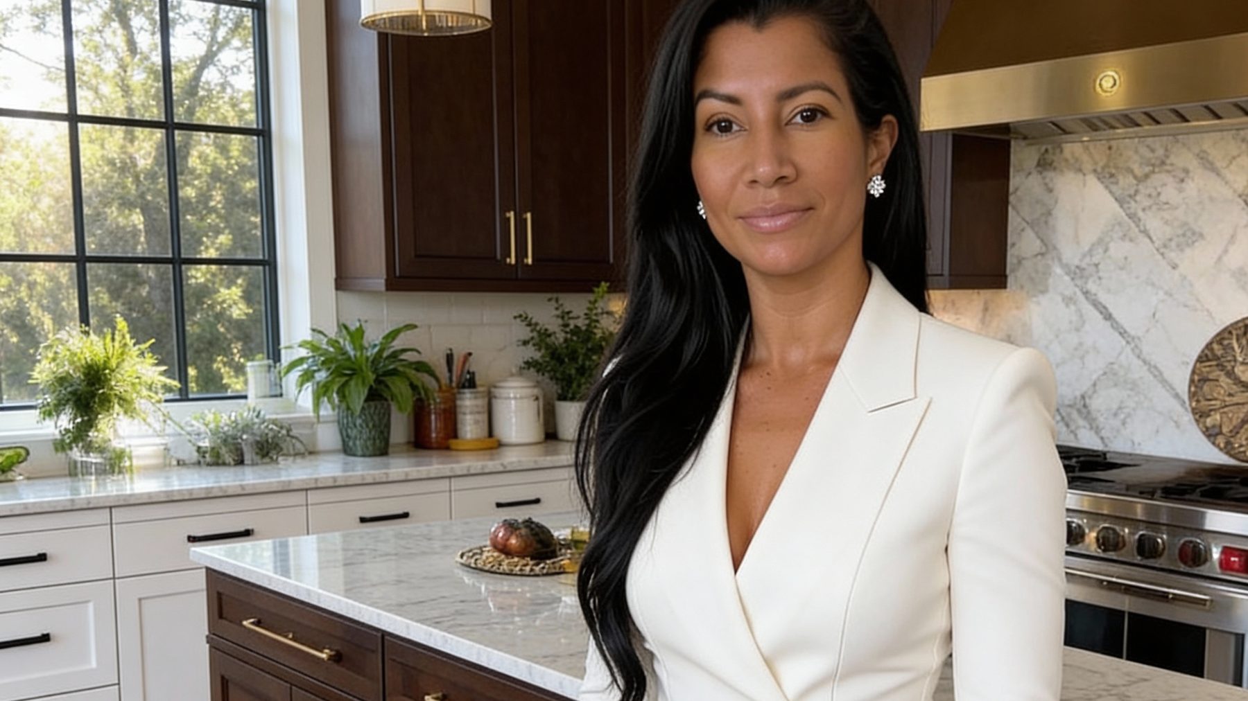 Eridania M. Bonilla junto a una isla de cocina en nogal con lámparas colgantes — set de estilo