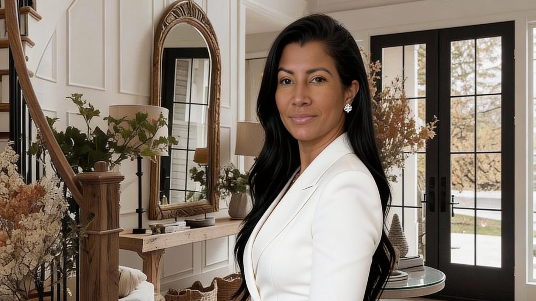 Eridania M. Bonilla in a stair hall with an iron rail and tall windows — styled set