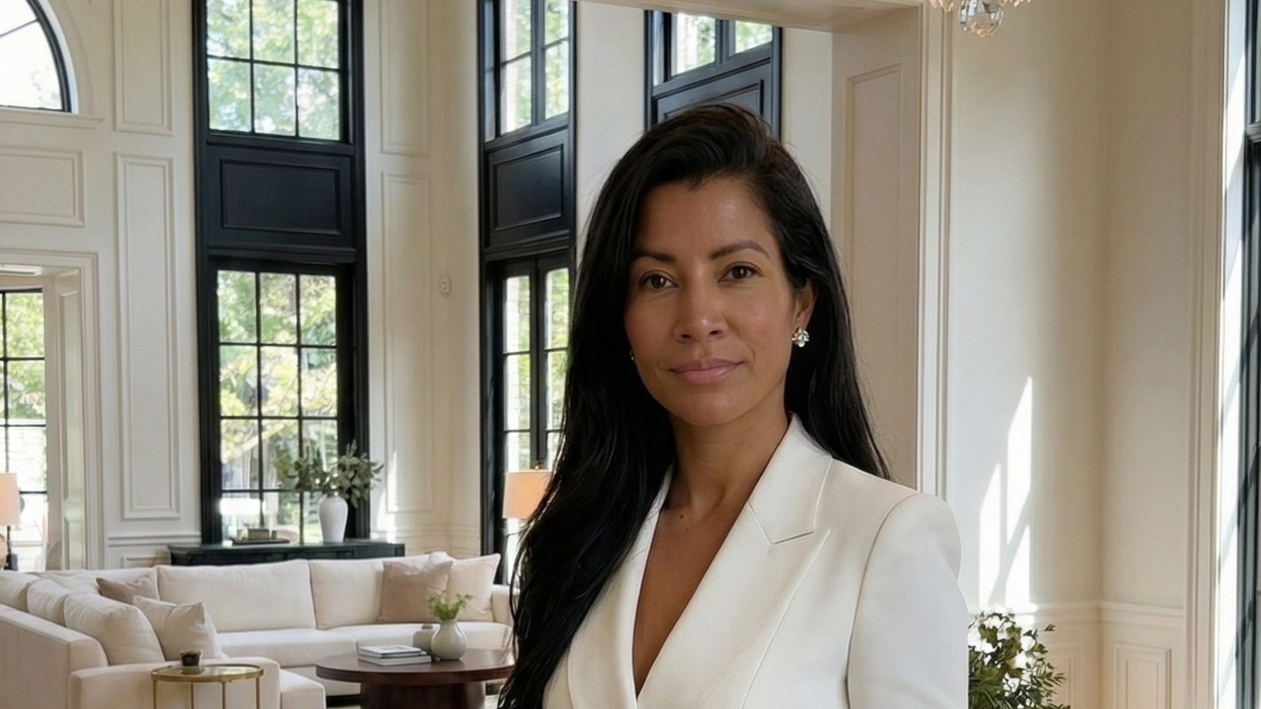 Eridania M. Bonilla in a cream dining room beneath a crystal chandelier, walnut table — styled set