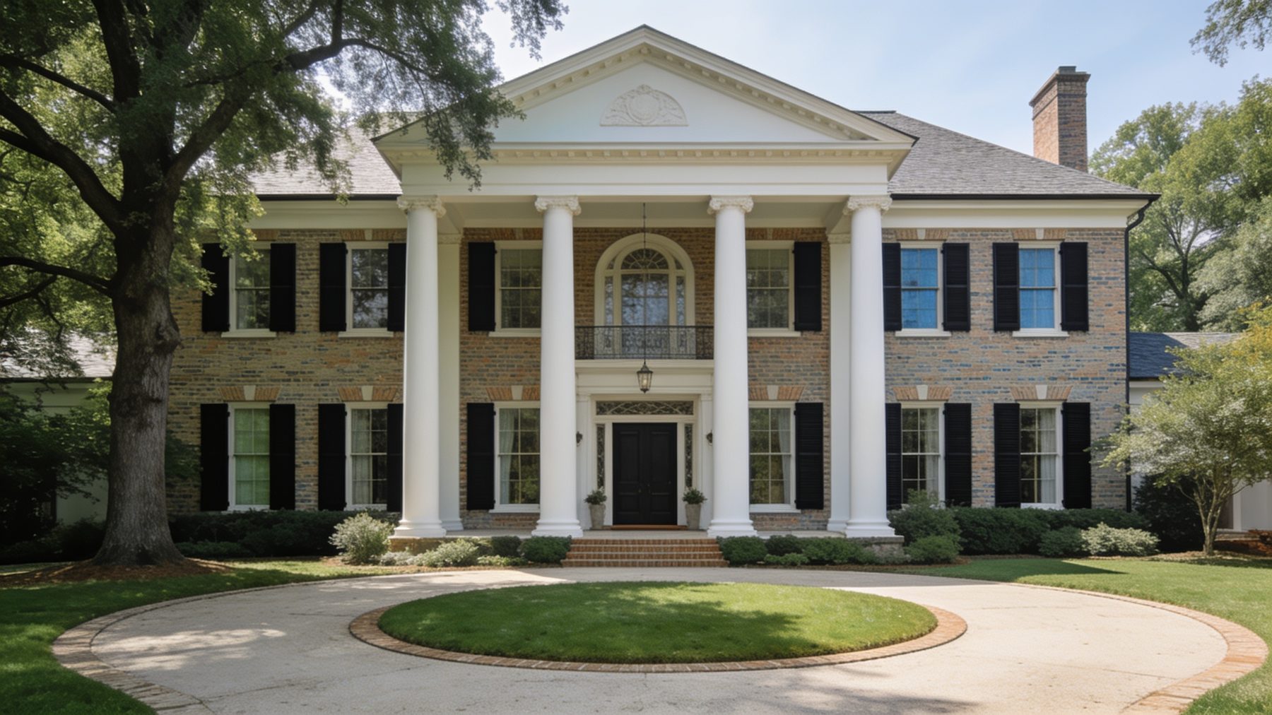 A white columned home on a circular drive beneath old oaks