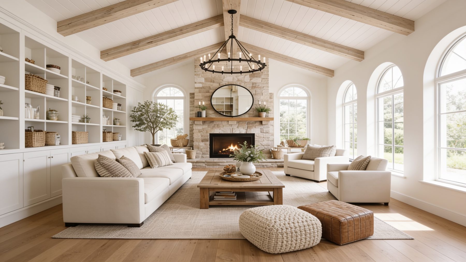 A cream living room with a stone fireplace and tall windows